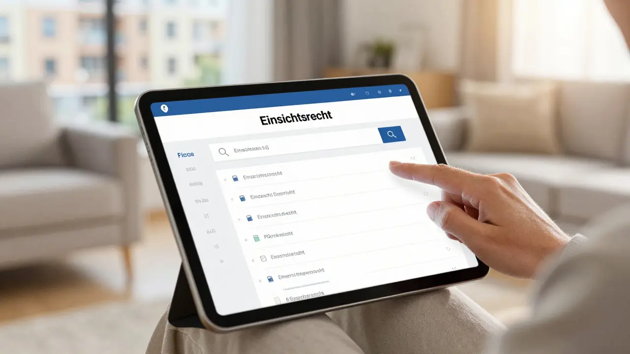 Person prüft digitale Beschlüsse einer WEG-Verwaltung auf einem Tablet.