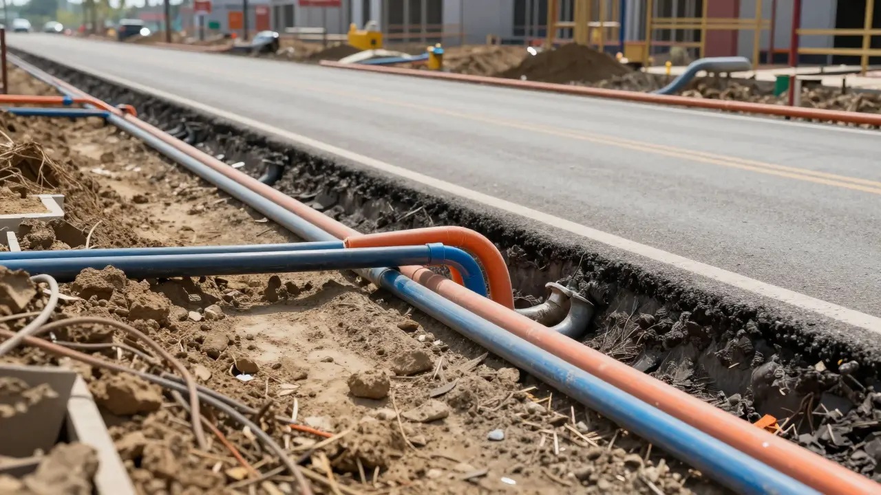 Querschnitt einer Baustelle mit Straßenbau und unterirdischen Leitungen