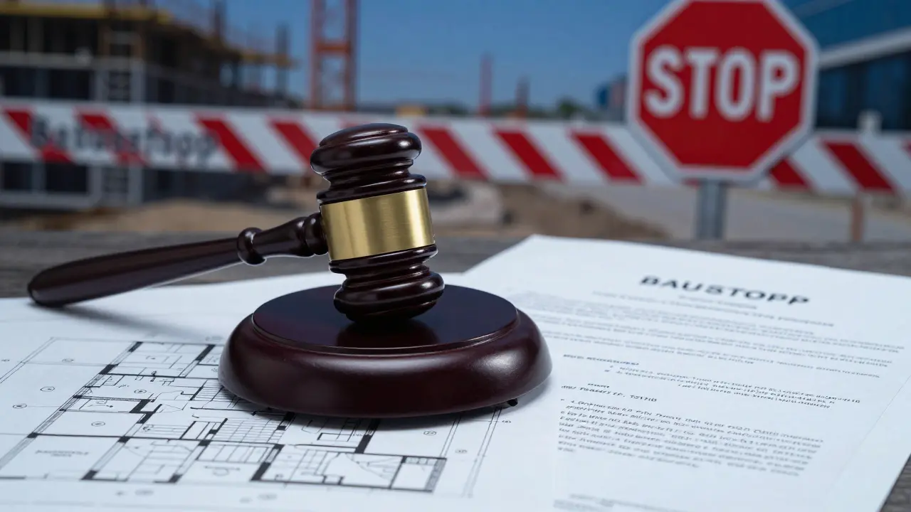 Richterhammer auf Bauplänen und Dokumenten mit einem Baustopp im Hintergrund.