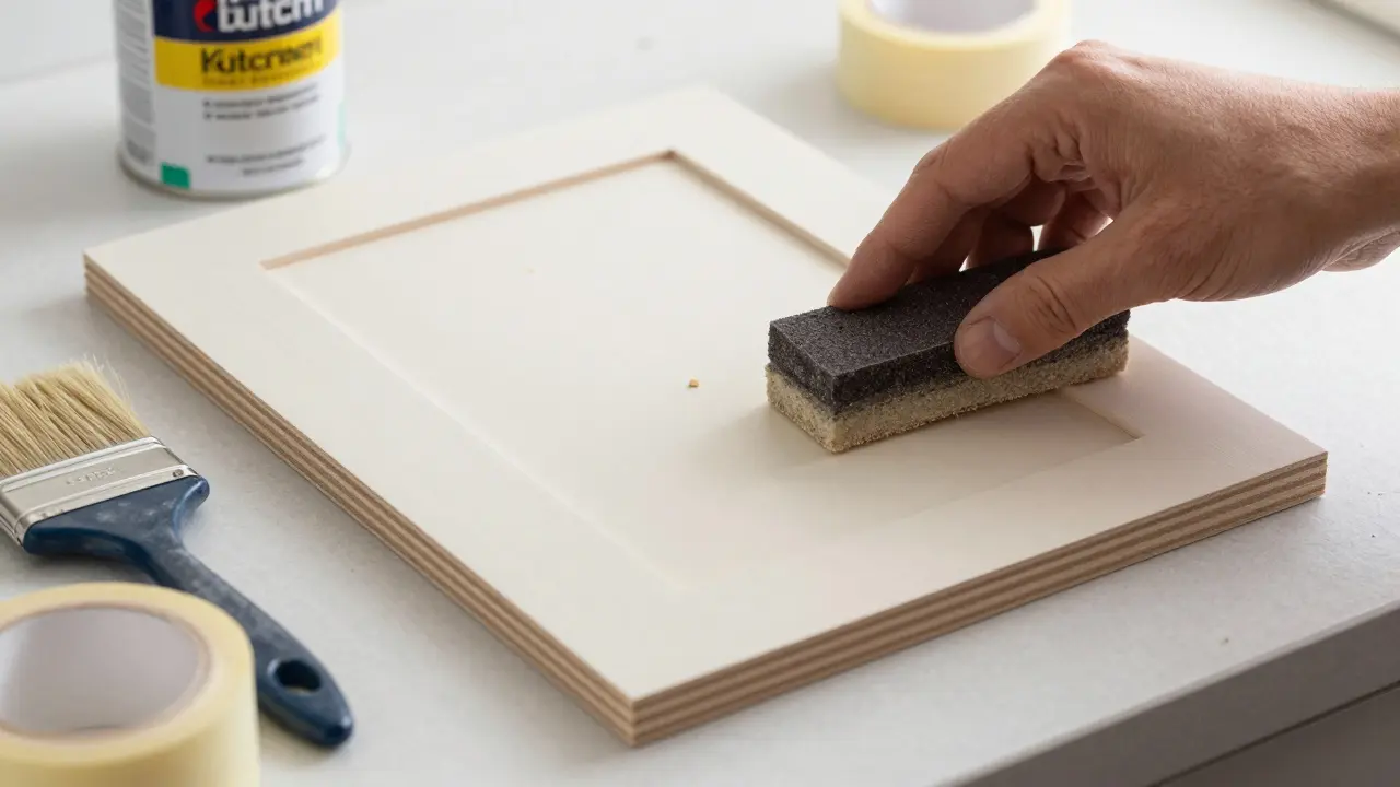 Schleifen einer Küchenfront mit Primer und Werkzeug auf einer Werkbank