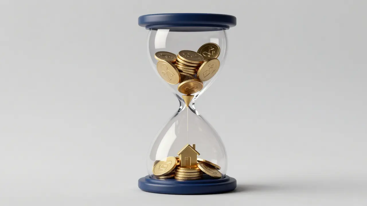 Stilisierte Sanduhr mit Goldmünzen und Häusern, die die zyklische Nutzung von Steuerfreibeträgen darstellt.