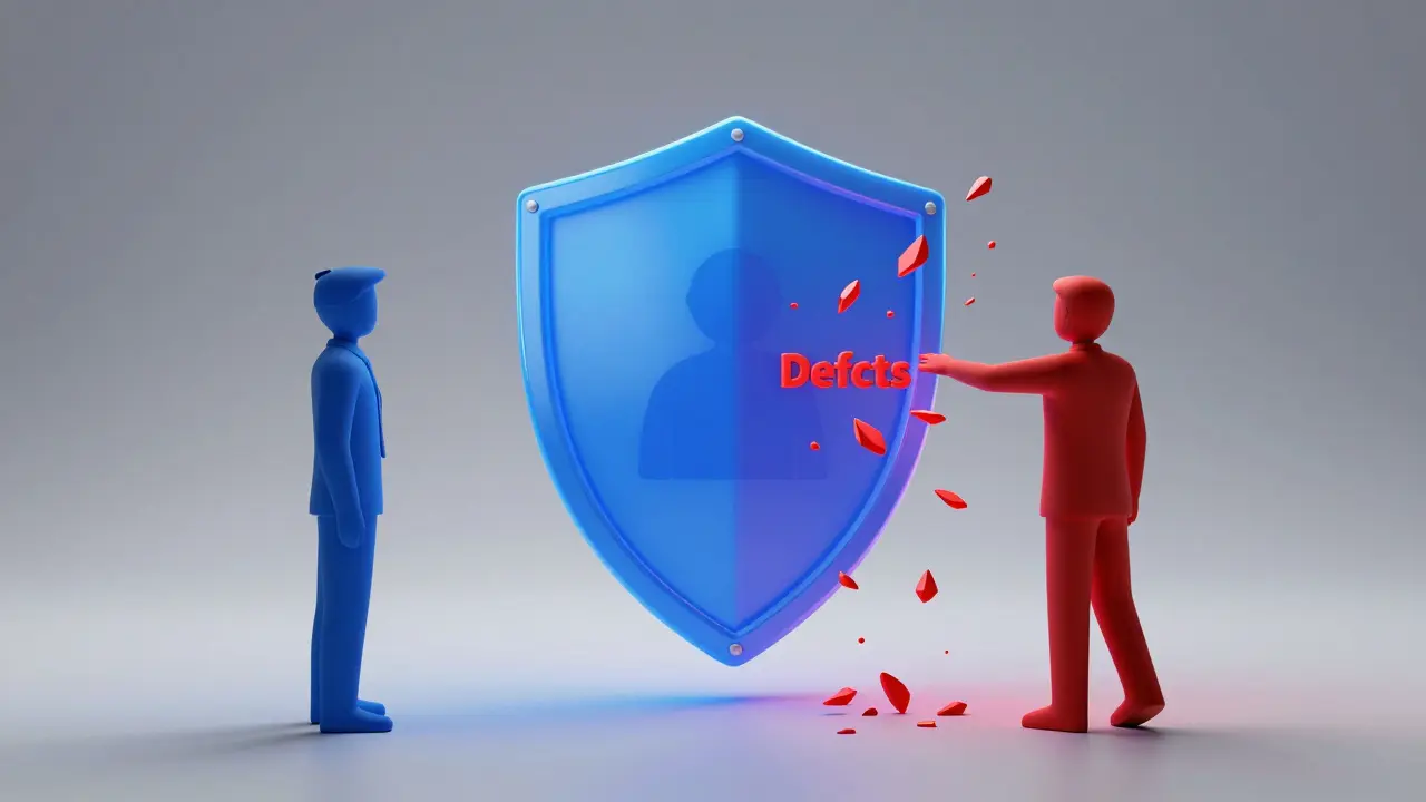 Symbolische Darstellung eines rechtlichen Schutzschildes zwischen Verkäufer und Käufer