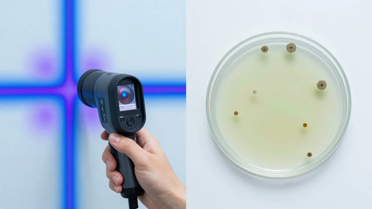 Thermografiekamera und eine Petrischale mit Schimmelkulturen