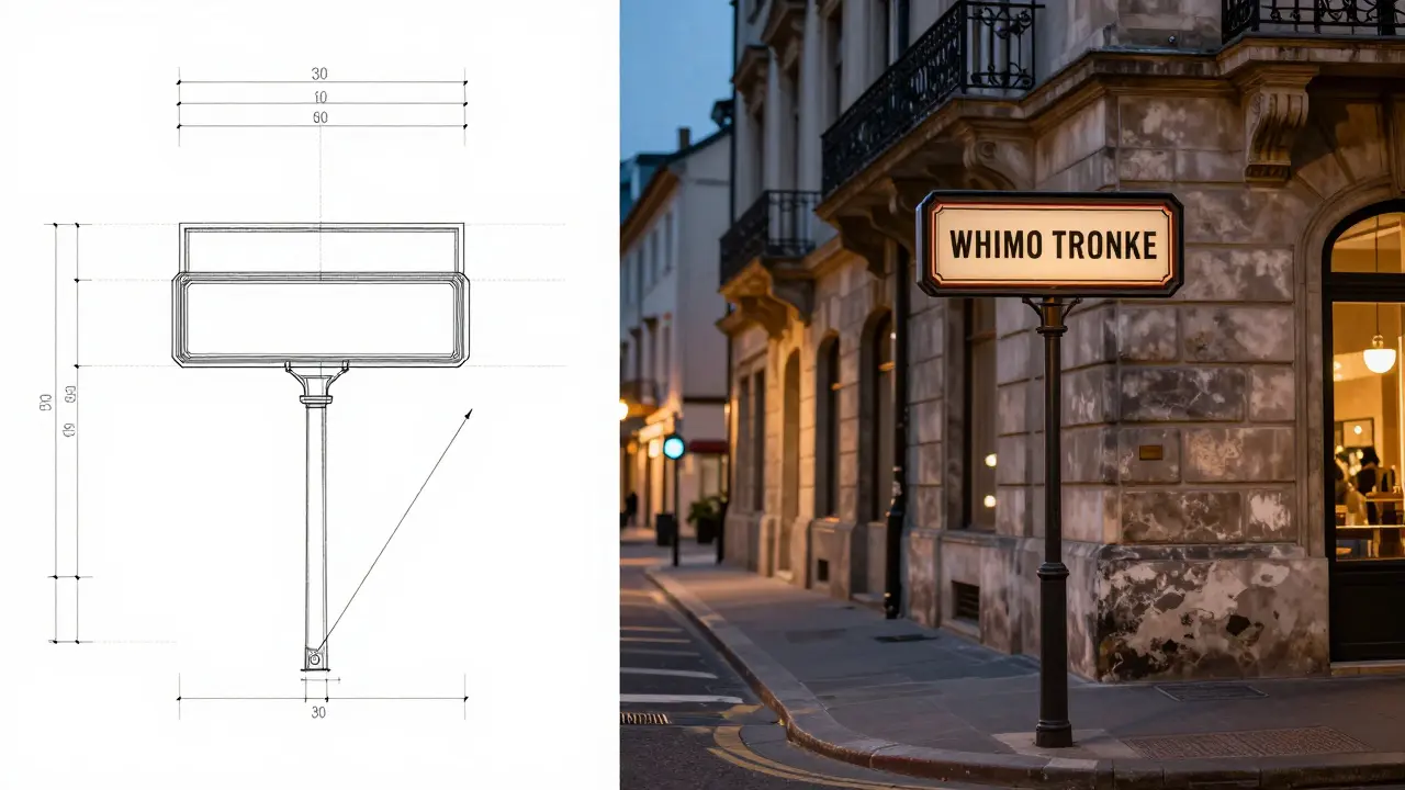Vergleich zwischen einem technischen Plan und einer fotorealistischen Montage eines Werbeschilds.
