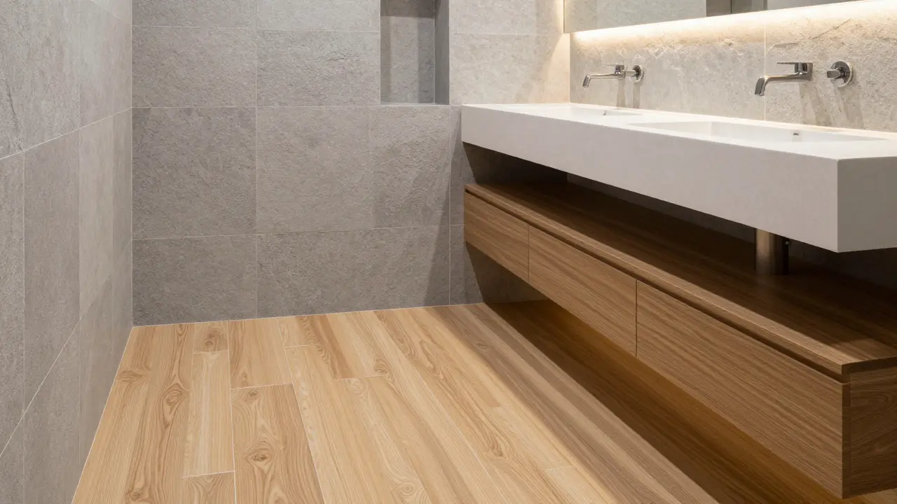 Wellness-Bad mit Feinsteinzeug in Holzoptik, Natursteinwänden und indirekter LED-Beleuchtung.