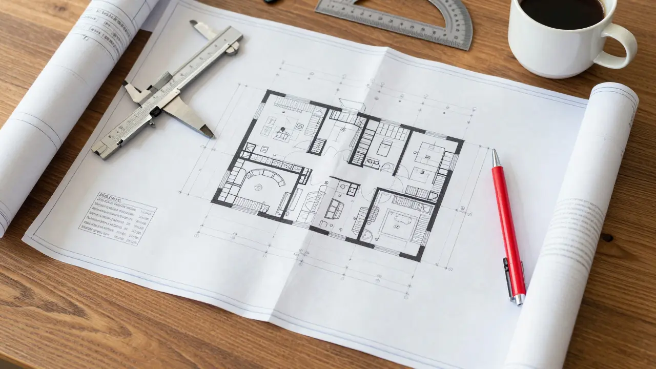 Architektenpläne und Messwerkzeuge auf einem Tisch für die Renovierungsplanung