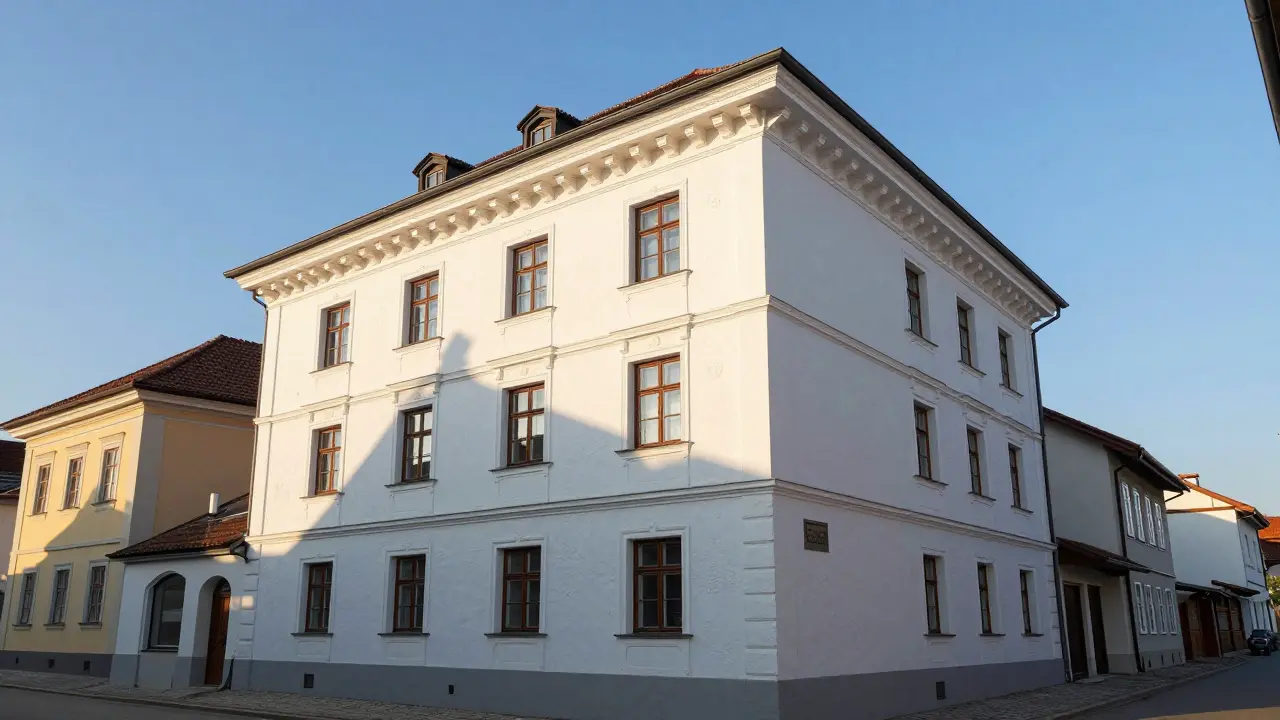 Ein restauriertes historisches Haus mit eleganten neuen Gesimsprofilen