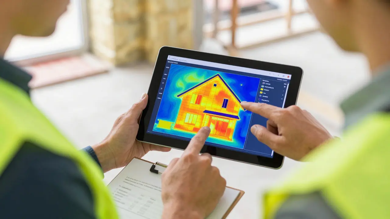 Energieberater zeigt thermografische Analyse eines Hauses auf einem Tablet