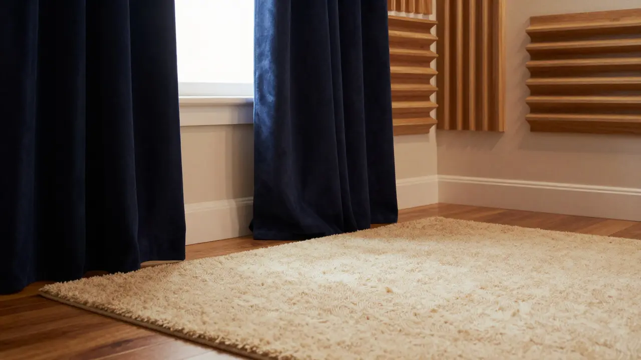 Gemütliches Wohnzimmer mit Teppich, schweren Vorhängen und Wandpaneelen