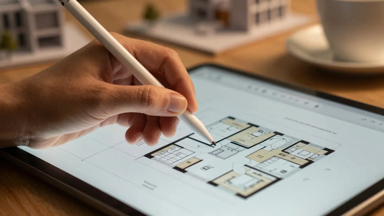 Hand mit Stylus bearbeitet digitalen Grundriss auf Tablet-Bildschirm