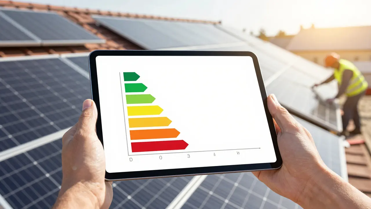 Hand mit Tablet zeigt Kostensenkung bei Solarinstallation