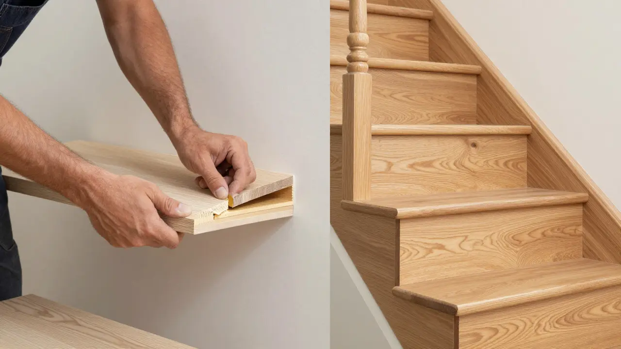 Handwerker tauschen alte Treppenstufen aus oder belegen sie mit neuen Platten
