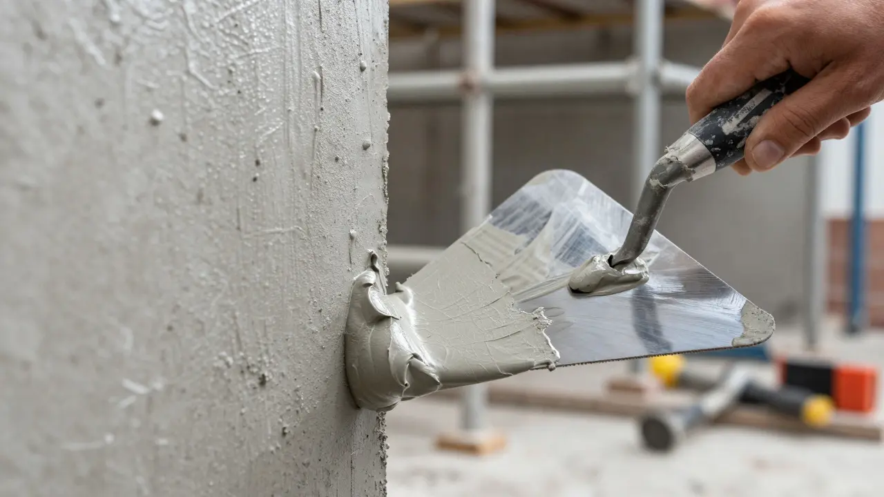Handwerker trägt Dichtschlämme auf eine Betonwand auf