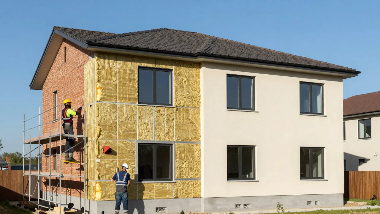 Hausfassade während der Dämmung mit Gerüst und Isoliermaterial