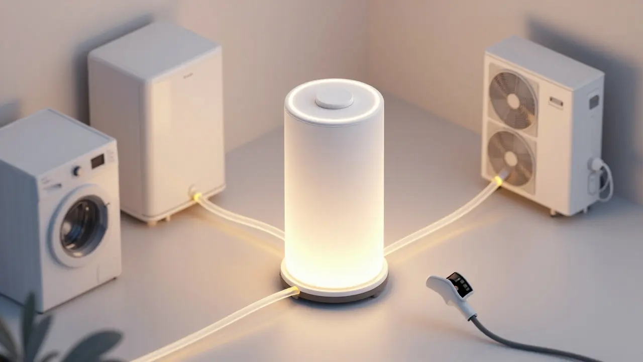 Konzeptillustration eines Batteriespeichers, der Haushaltsgeräte versorgt