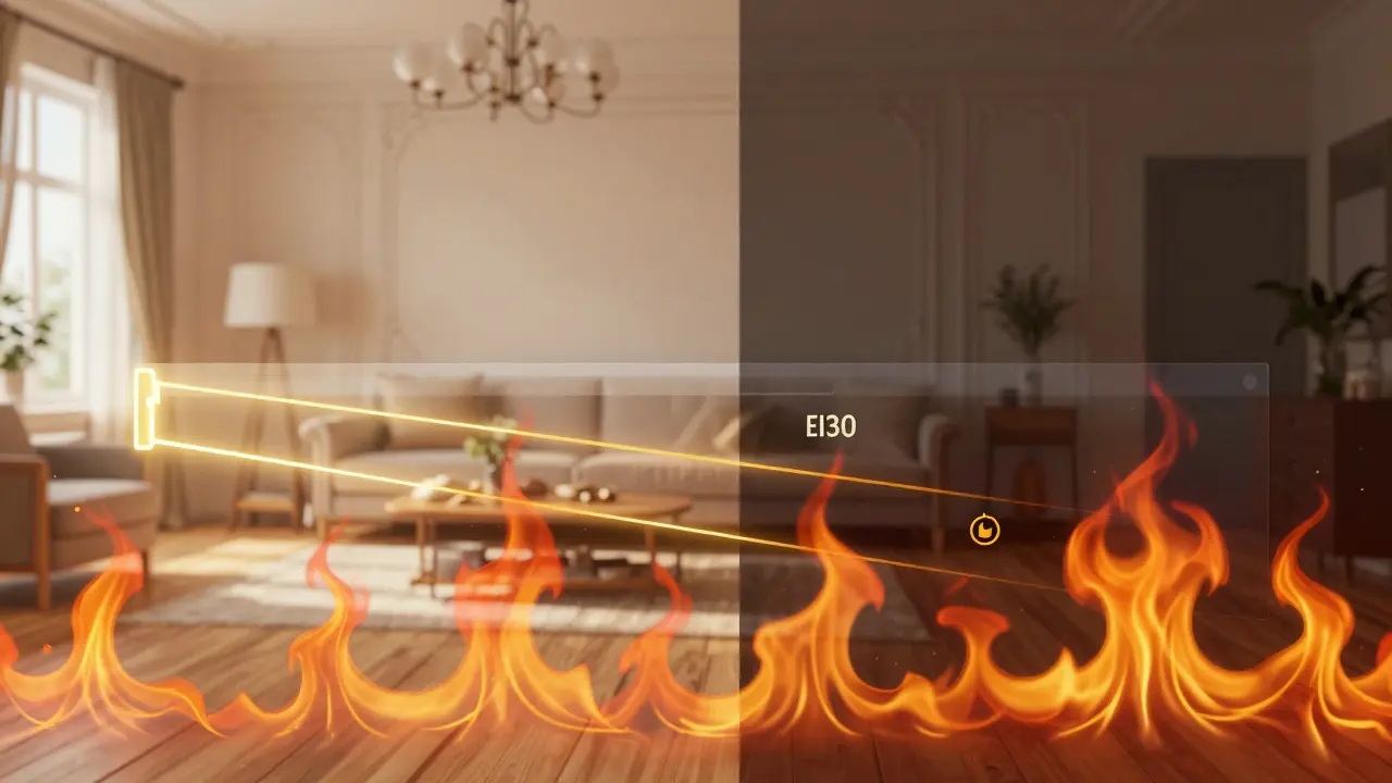 Konzeptillustration unsichtbarer Brandschutzwände im Wohnzimmer