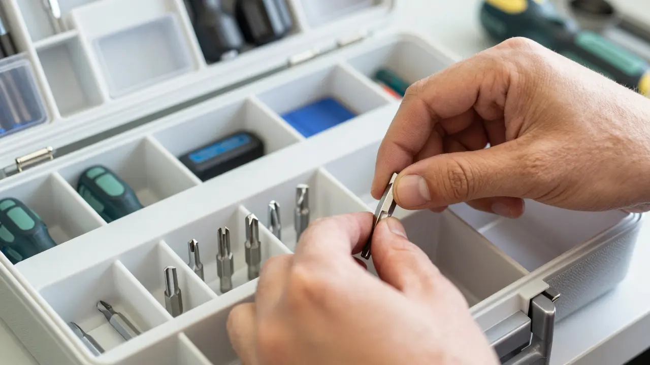 Nahaufnahme von Händen, die ein Schraubendreher-Bit aus einer modularen Kiste wählen