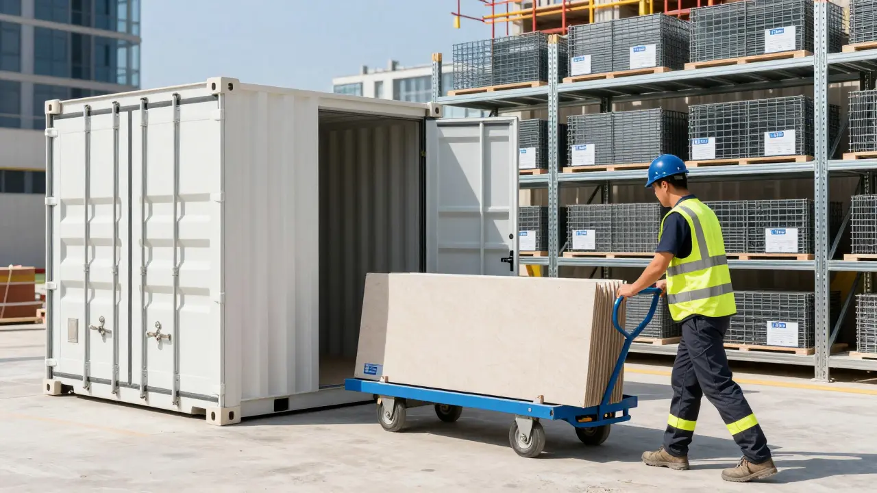 Organisierte Baustelle mit Containerlager, Regalen und Transportwagen für Platten