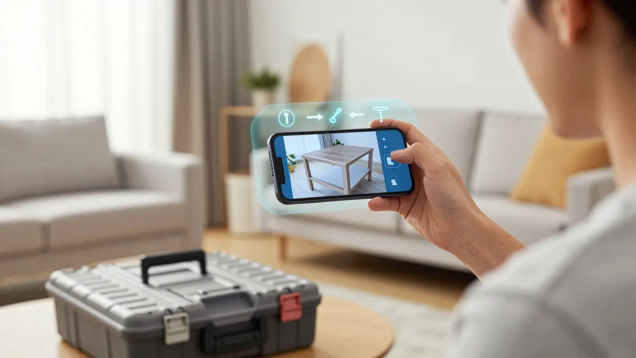 Person nutzt Smartphone mit AR-Anleitung zur Möbelmontage neben einem Werkzeugkoffer