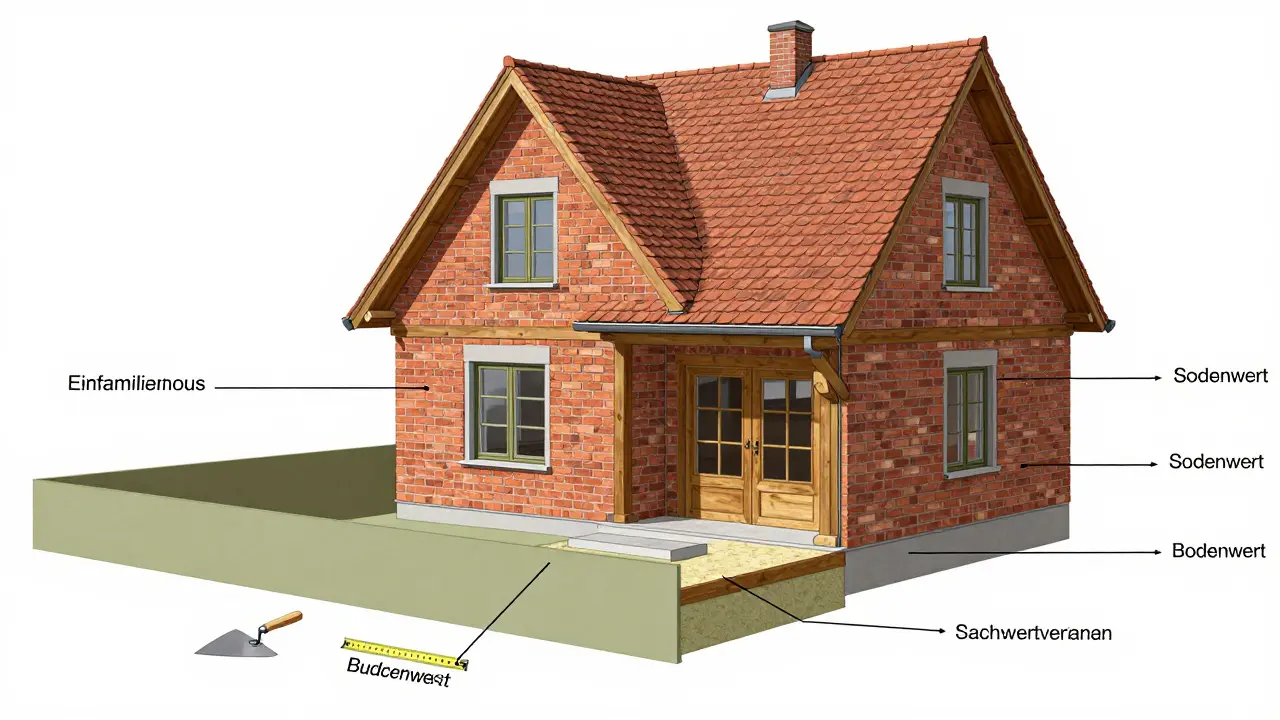 Schnittmodell eines Hauses zeigt Boden- und Gebäudewert