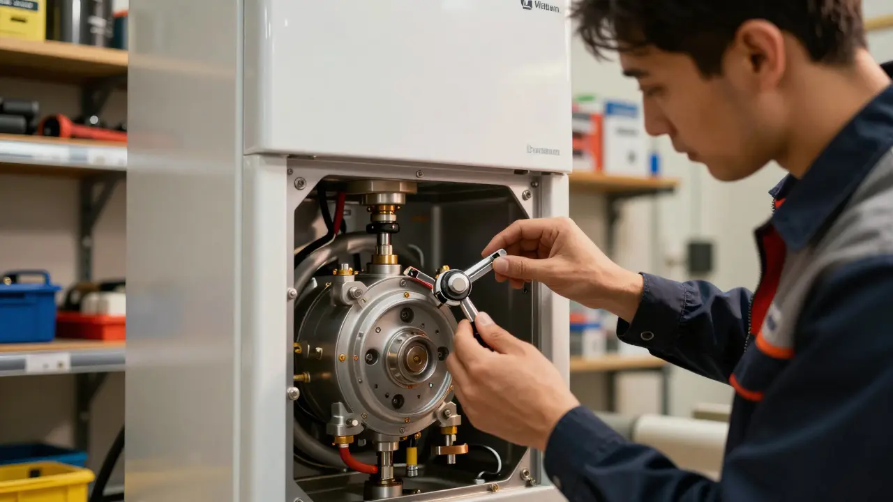 Techniker inspiziert einen modernen Gas-Brennwertkessel