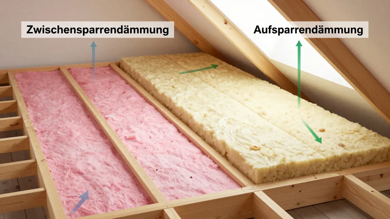 Vergleich von Dämmmethoden im Dachstuhl: zwischen und auf Sparren