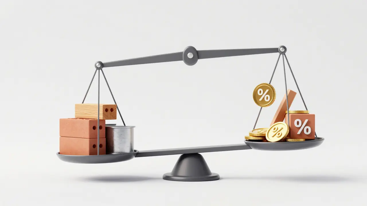 Abstrakte Waage zeigt Balance von Baumaterialien und Kosten