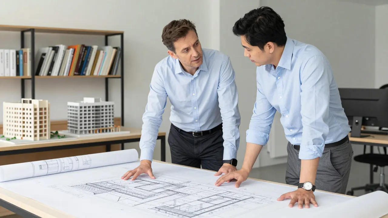 Architekt und Ingenieur diskutieren Baupläne im Studio