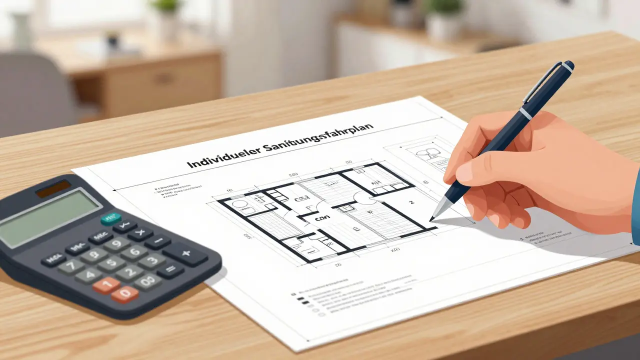 Architektenpläne und Sanierungskonzept auf einem Schreibtisch liegen