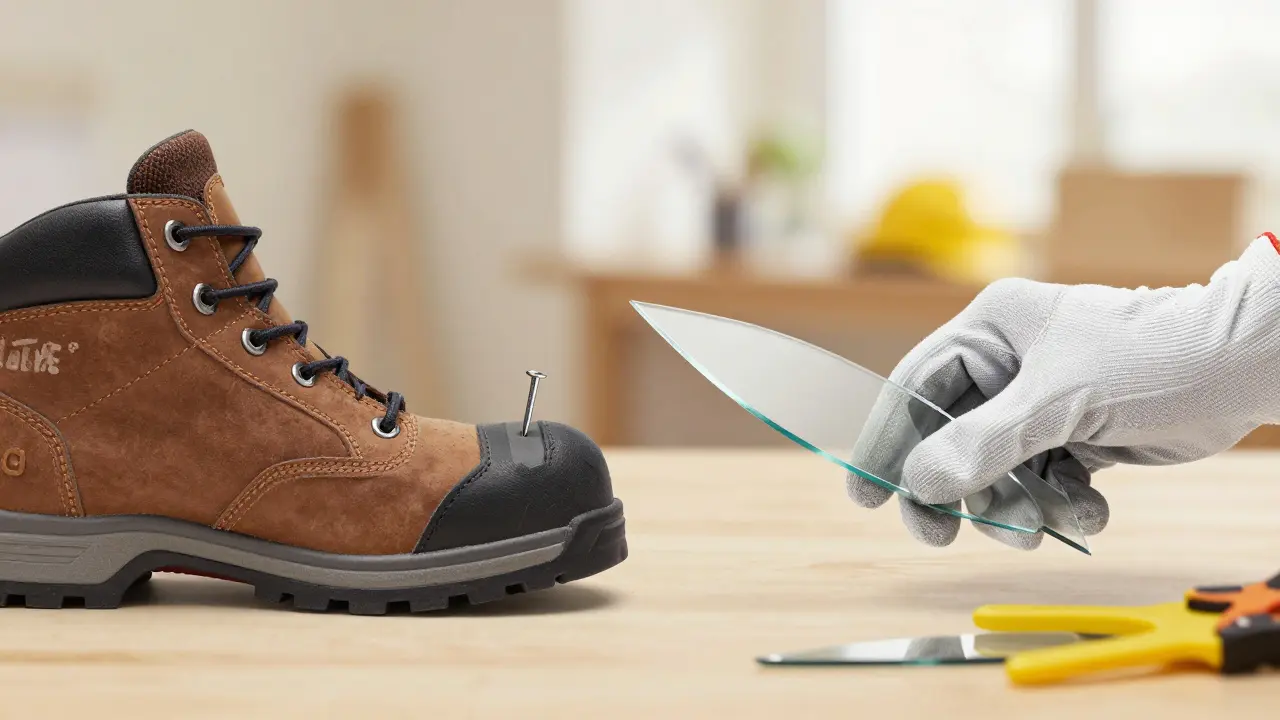 Detailansicht: Durchtrittschutz im Schuh und Schnittschutz an Handschuh