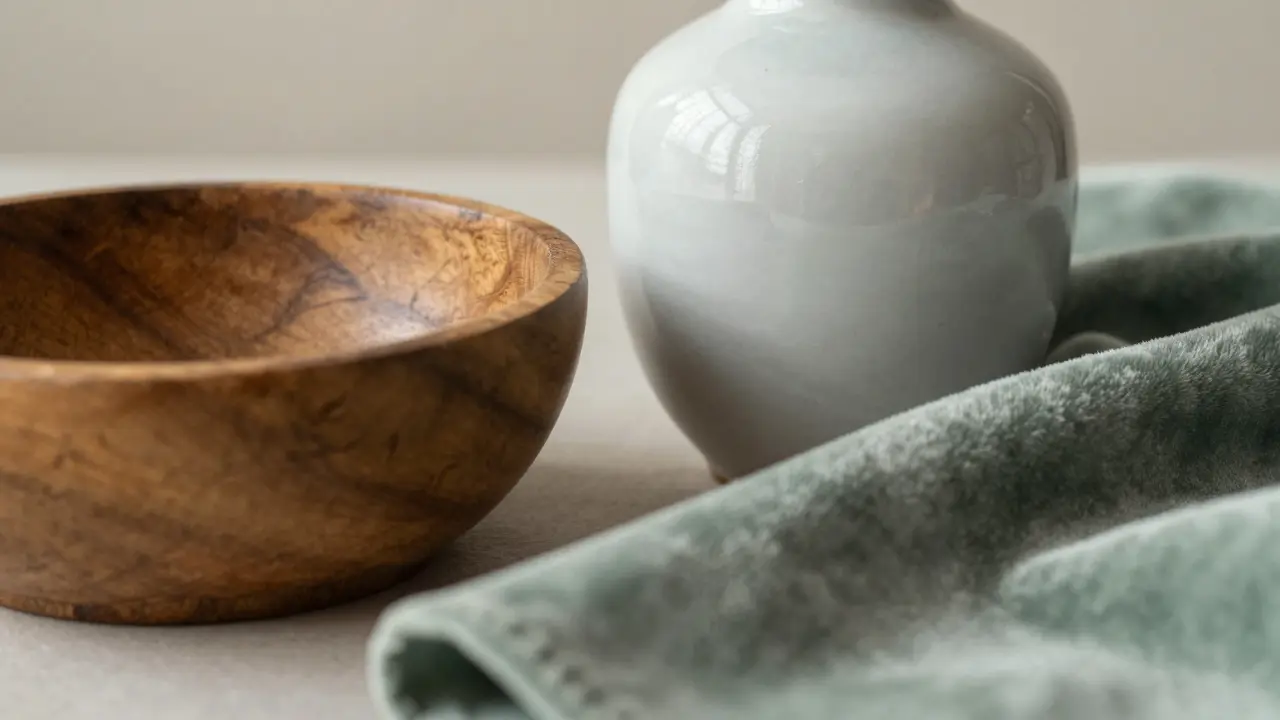 Detailaufnahme von Holz, Keramik und Samt zur Demonstration von Materialkontrasten