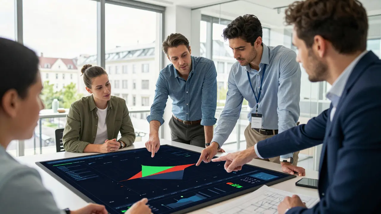 Experten-Team bespricht Risikoanalyse-Daten an einem digitalen Tisch