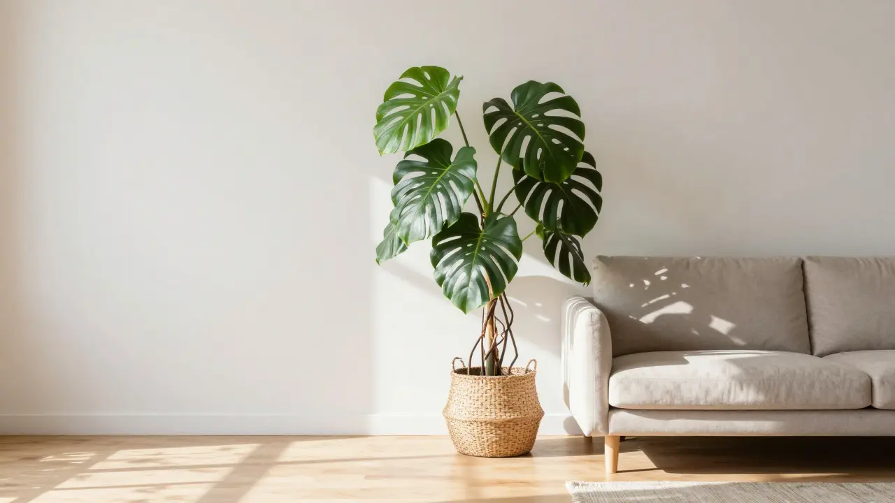 Helle Wohnküche mit Monstera-Pflanze im geflochtenen Topf für biophiles Design