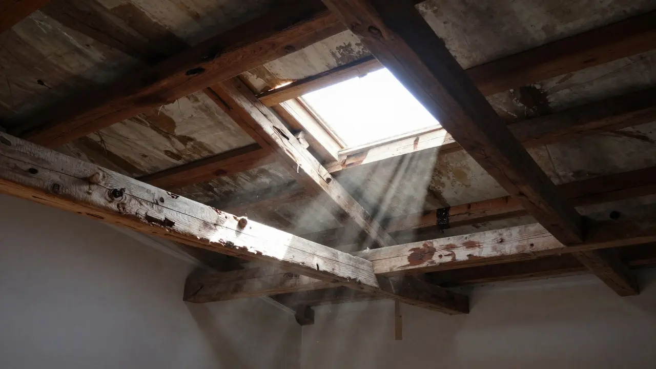 Lichtstrahlen durch Ritzen im Dachboden und feuchte Flecken an der Decke