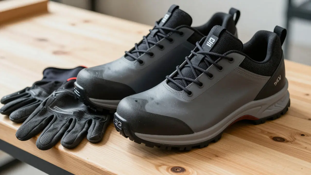 Moderne S2-Sicherheitsschuhe und Kevlar-Handschuhe auf Werkbank