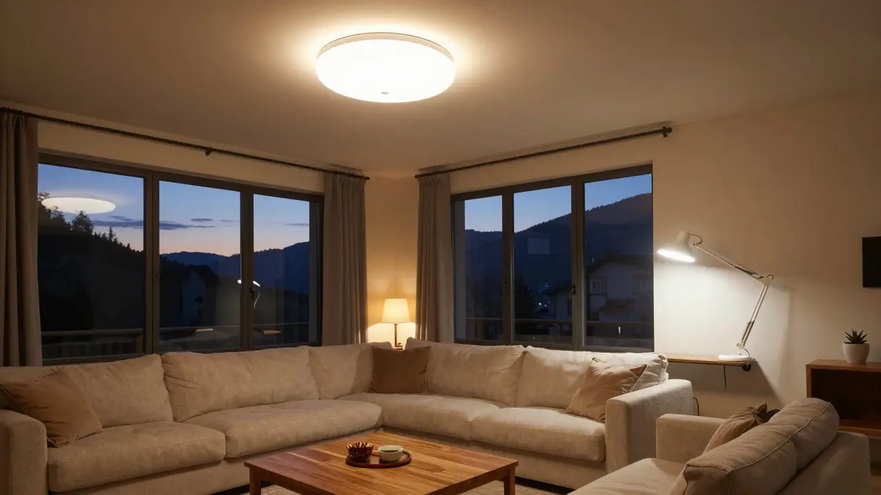 Modernes Wohnzimmer mit dynamischer Beleuchtung und warmen Wandtönen