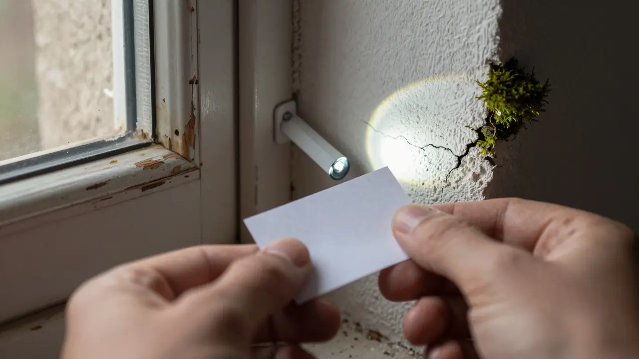Nahaufnahme einer Fensterrahmenprüfung und Rissinspektion an einer Wand