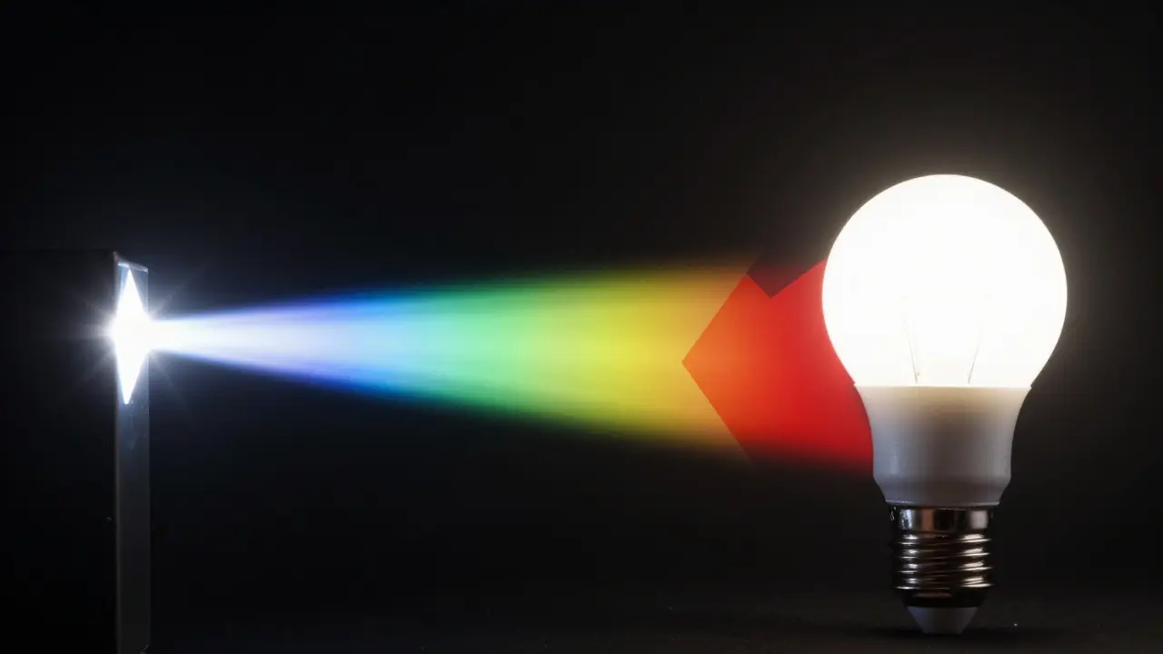Prismenvergleich: Kontinuierliches Sonnenspektrum versus lückenhaftes LED-Licht