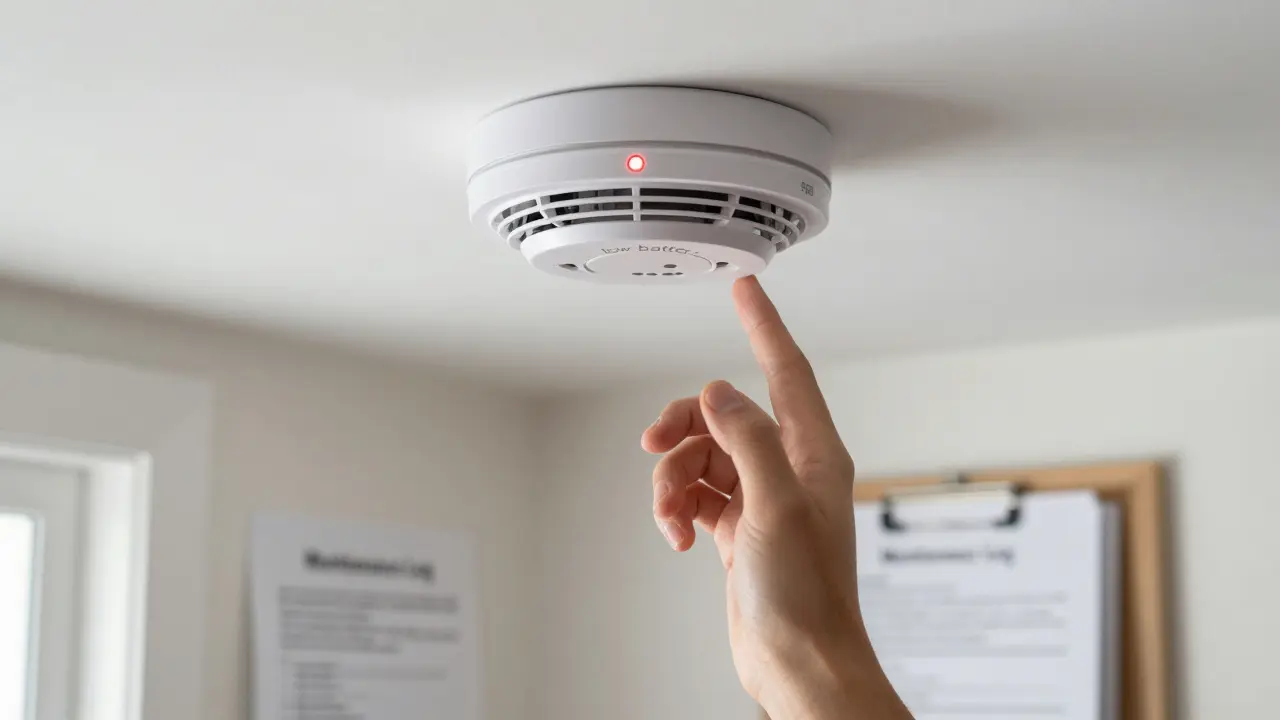 Rauchmelder mit Warnlicht an der Decke eines Wohnhauses