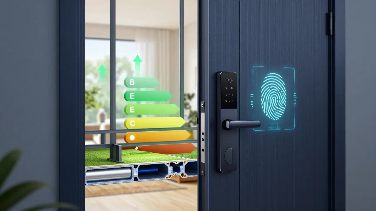 Schnittmodell einer isolierten Tür mit Smart-Lock-Technologie