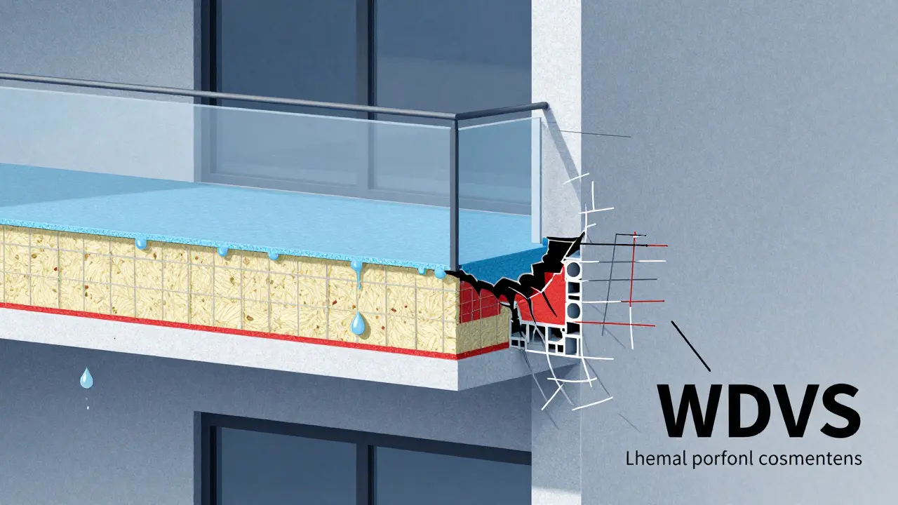Schnittzeichnung einer WDVS-Fassade mit sichtbaren Feuchtigkeitsschäden