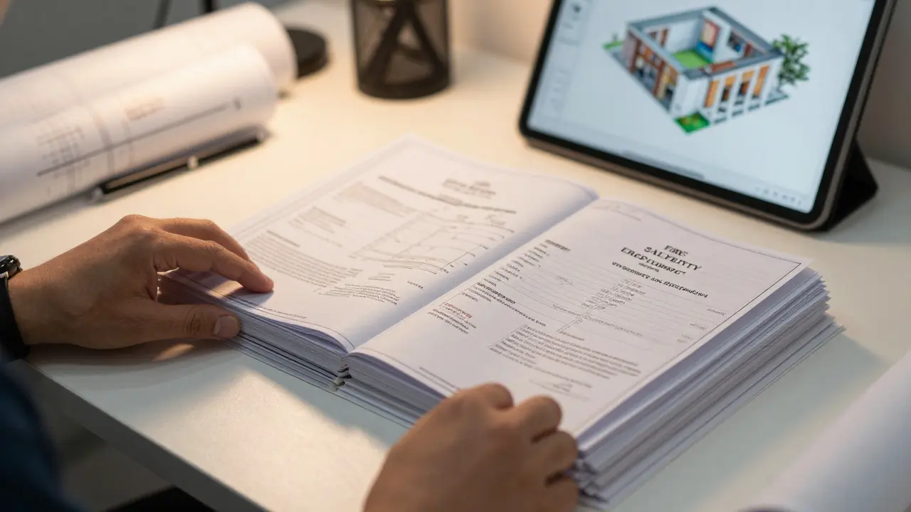 Technische Unterlagen, Zertifikate und BIM-Modell auf einem Tisch zur Vorbereitung der Abnahme