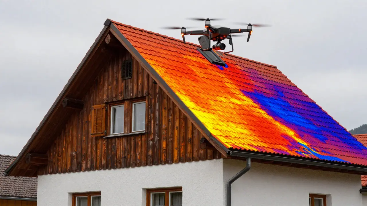 Thermografie eines Hauses zeigt Wärmeverlust und Drohneninspektion