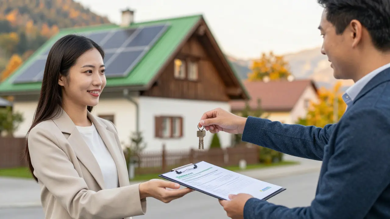 Verkäufer übergibt Schlüssel und Energieausweis an zufriedenen Käufer