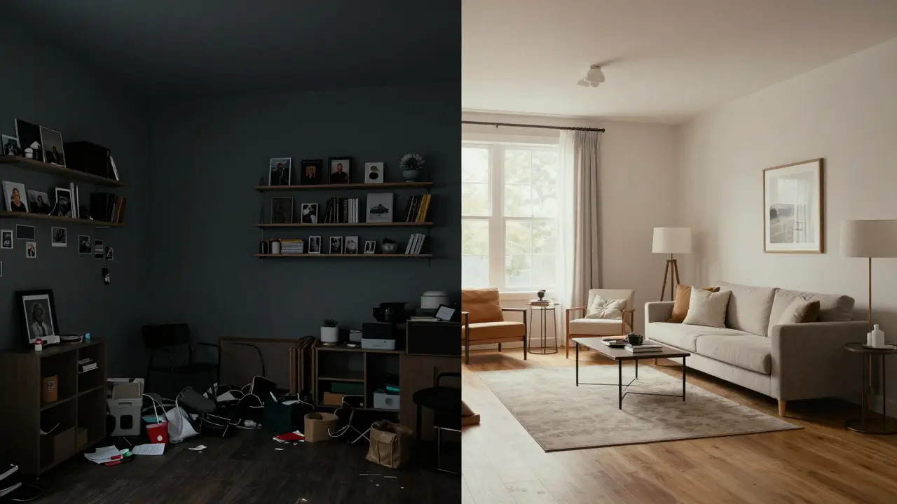 Vorher-Nachher-Vergleich: Von chaotisch zu hell und einladend durch Home Staging