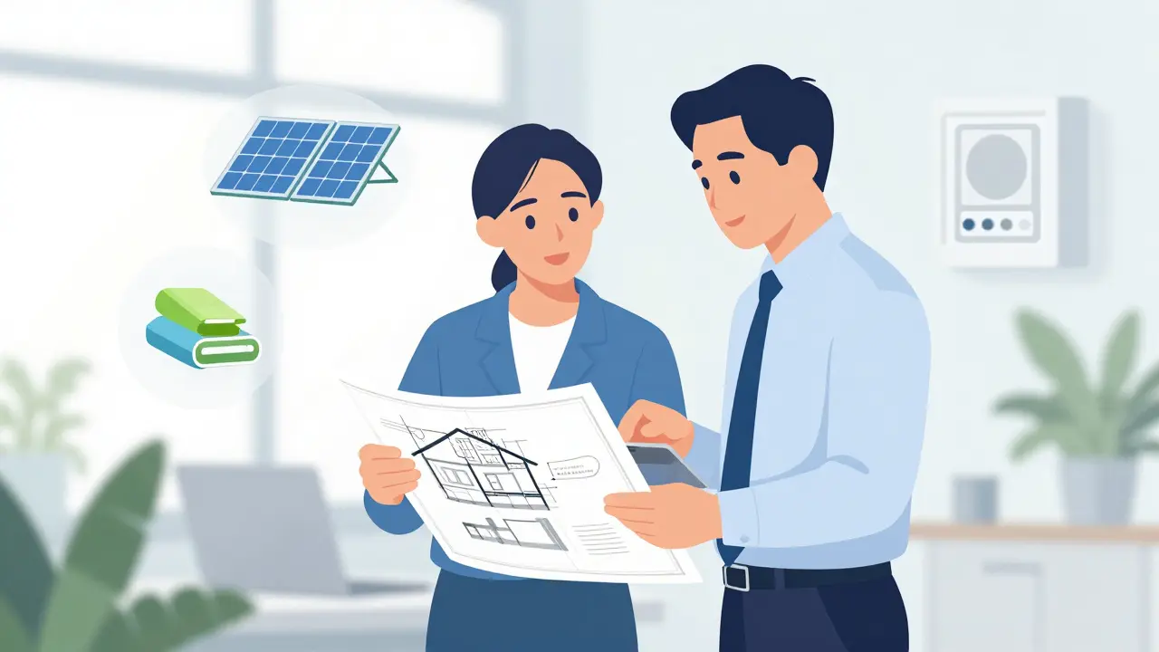Beratungsgespräch zwischen Hausbesitzer und Energieberater über Sanierungspläne und Technik