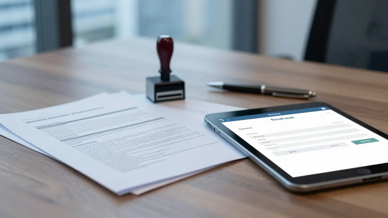 Büroaufstellung mit Immobilienpapieren und Online-Rechner