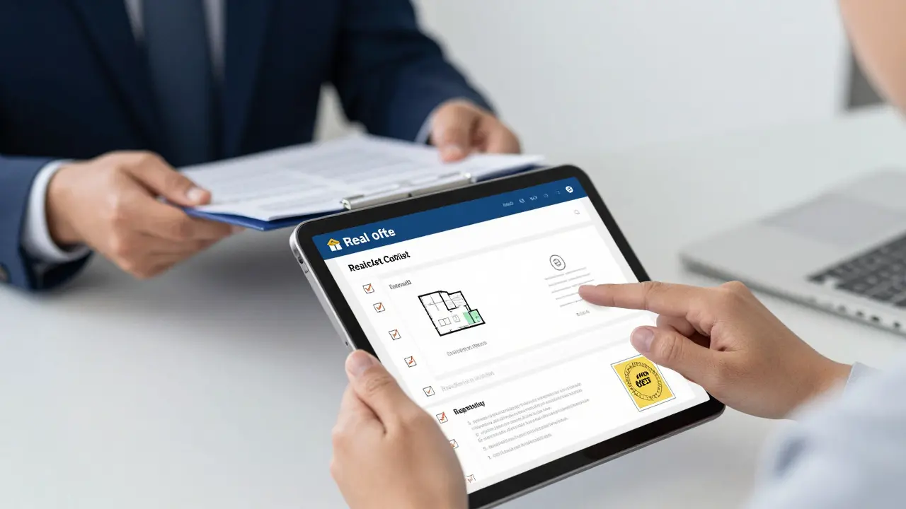 Digitale Checkliste auf Tablet für Immobilienkauf-Vorbereitung