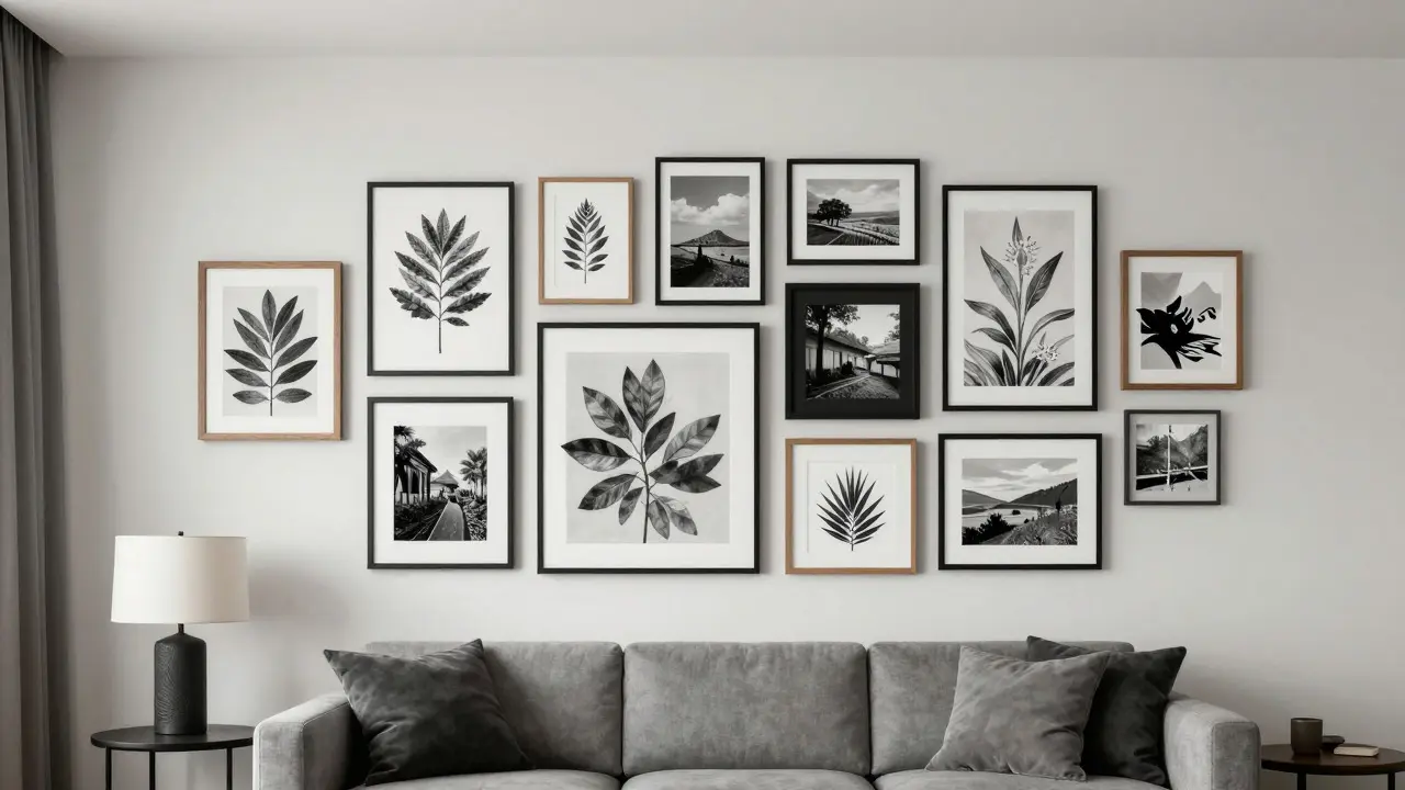 Fertige, stilvolle Galeriewand mit gemischten Kunstwerken über einem Sofa im modernen Wohnzimmer