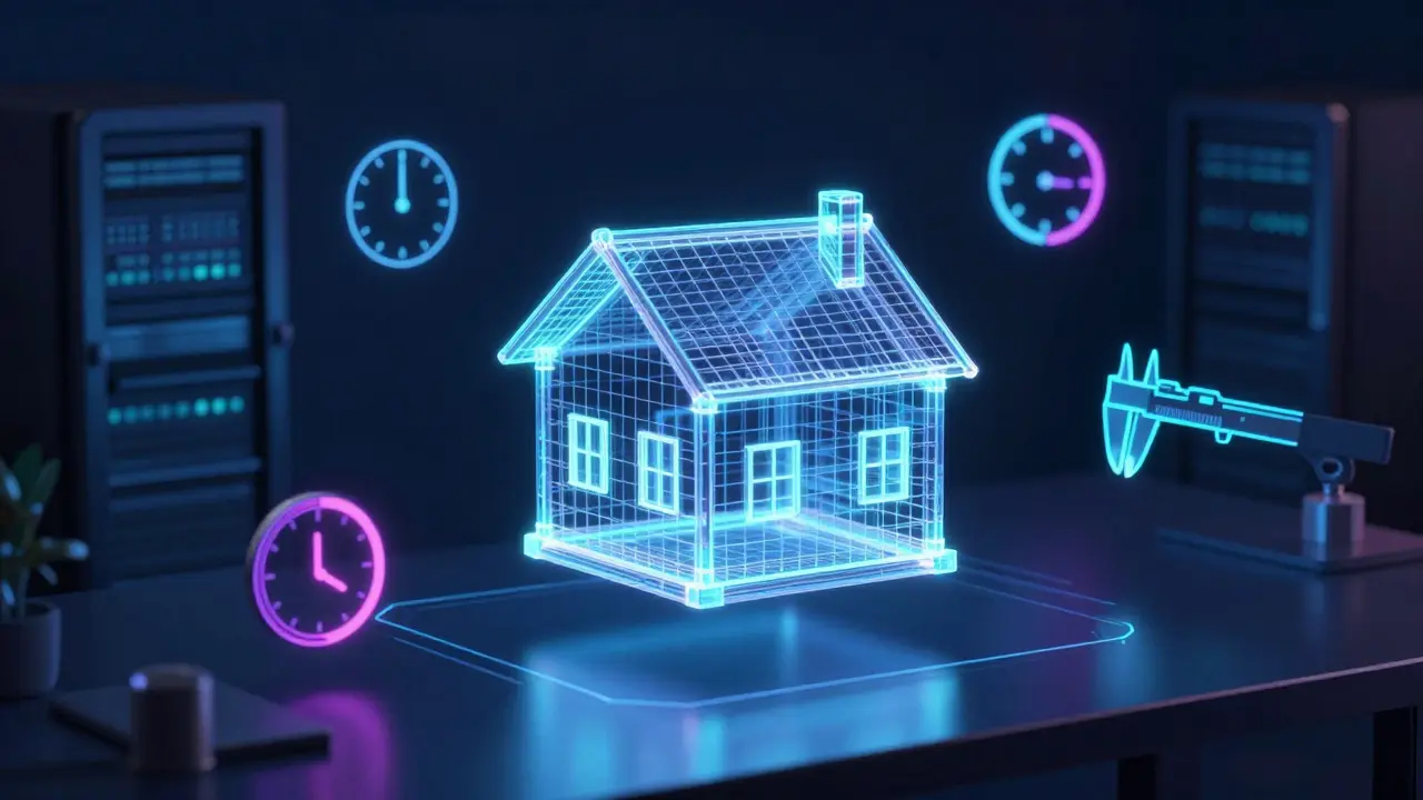 Futuristisches 3D-Hausmodell mit KI-Elementen im dunklen Raum